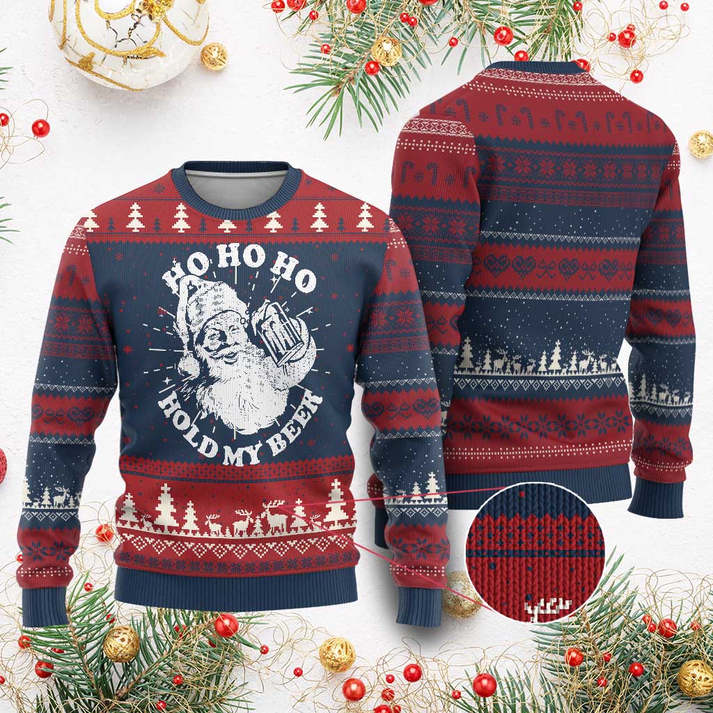 Santa Ho Ho Hold My Beer Knitted Sweatshirt Funny Christmas In July Summer Xmas - Wonder Print Shop