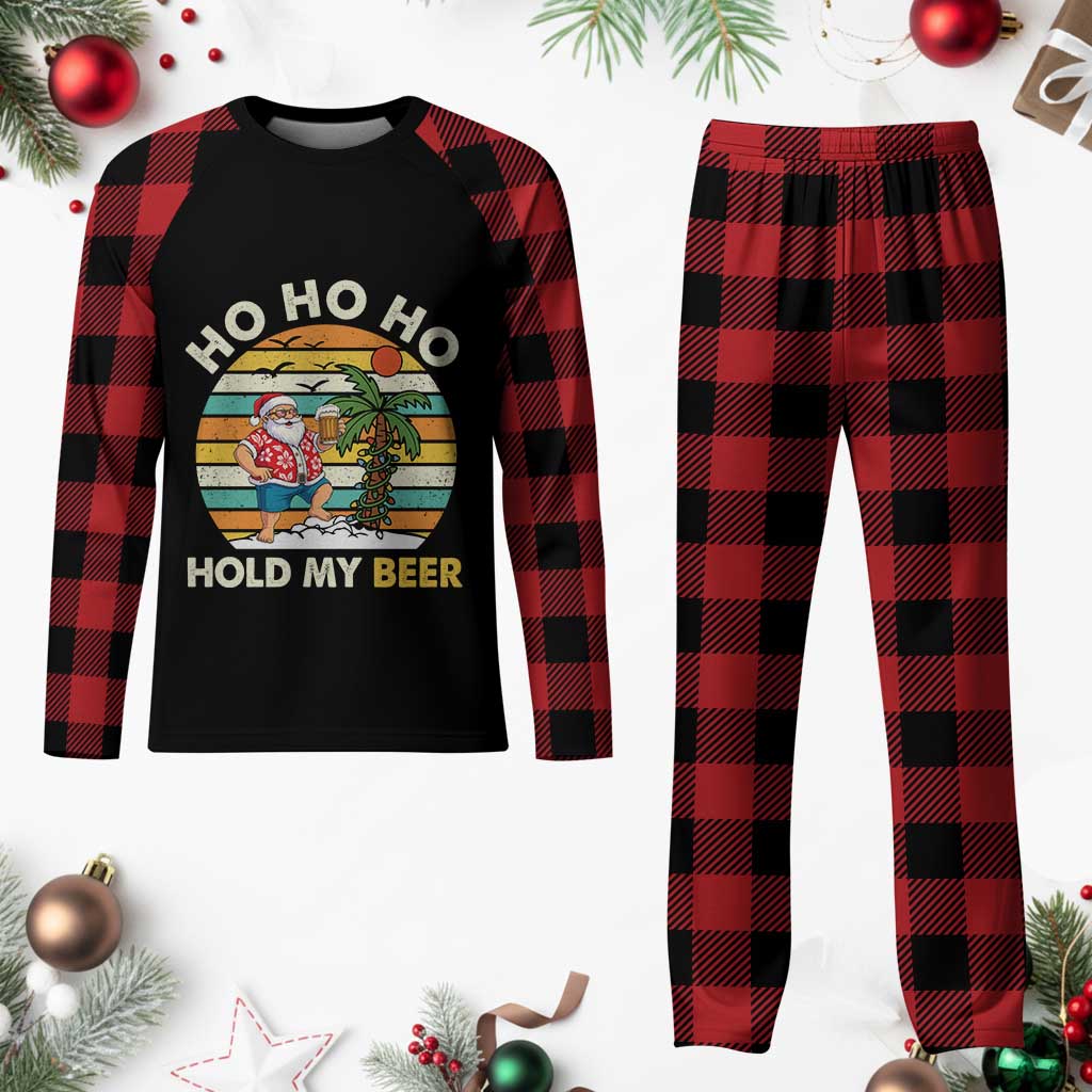 Christmas In July Santa Ho Ho Hold My Beer Plaid Pajama Set Summer Beach Hawaii Santa USA Flag - Wonder Print Shop
