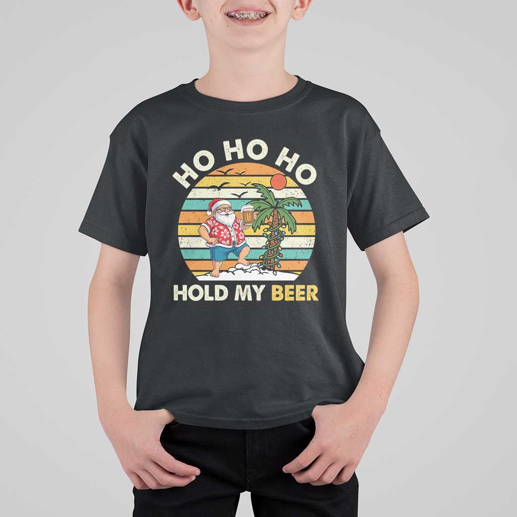 Christmas In July Santa Ho Ho Hold My Beer T Shirt For Kid Summer Beach Hawaii Santa USA Flag - Wonder Print Shop