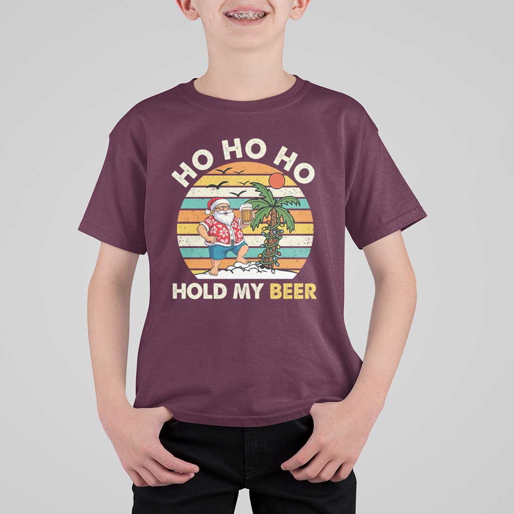 Christmas In July Santa Ho Ho Hold My Beer T Shirt For Kid Summer Beach Hawaii Santa USA Flag - Wonder Print Shop