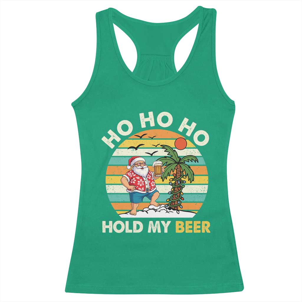 Christmas In July Santa Ho Ho Hold My Beer Racerback Tank Top Summer Beach Hawaii Santa USA Flag - Wonder Print Shop