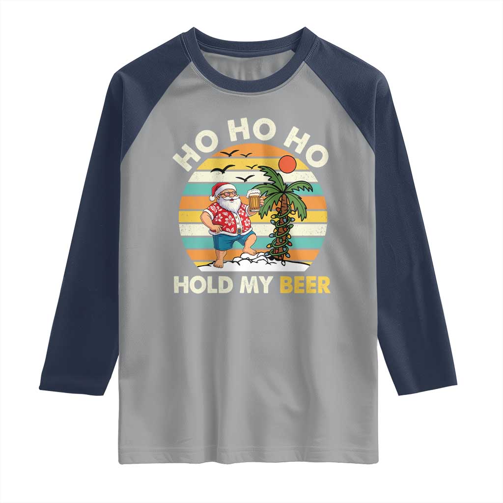 Christmas In July Santa Ho Ho Hold My Beer Raglan Shirt Summer Beach Hawaii Santa USA Flag - Wonder Print Shop
