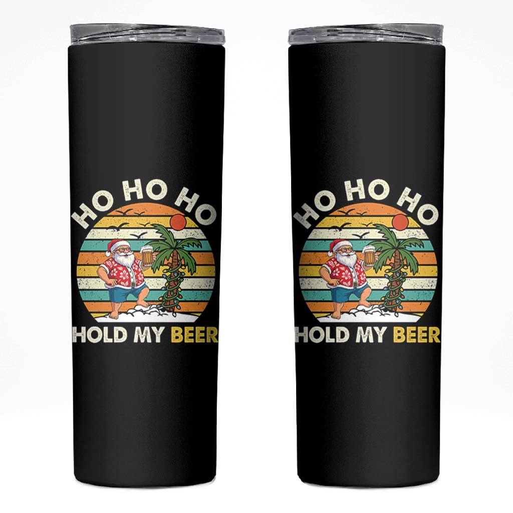 Christmas In July Santa Ho Ho Hold My Beer Skinny Tumbler Summer Beach Hawaii Santa USA Flag - Wonder Print Shop
