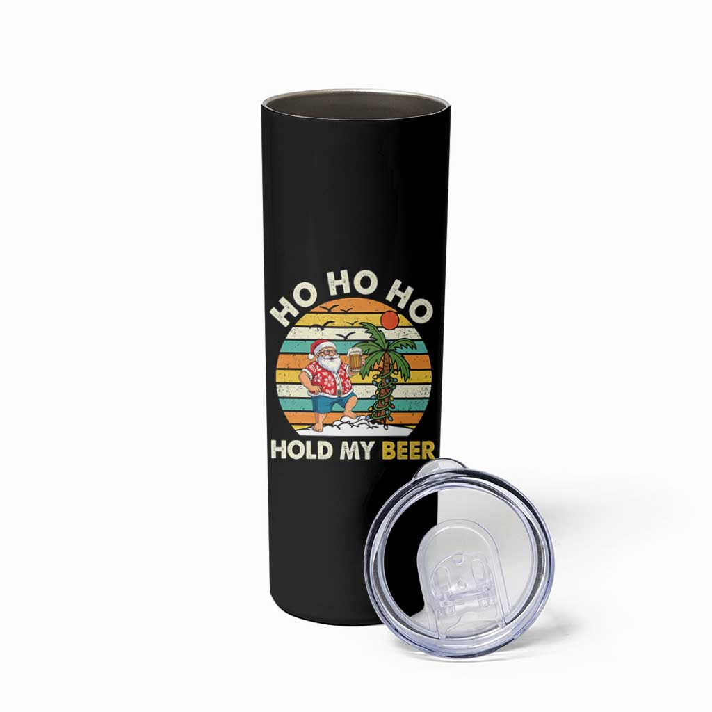 Christmas In July Santa Ho Ho Hold My Beer Skinny Tumbler Summer Beach Hawaii Santa USA Flag - Wonder Print Shop