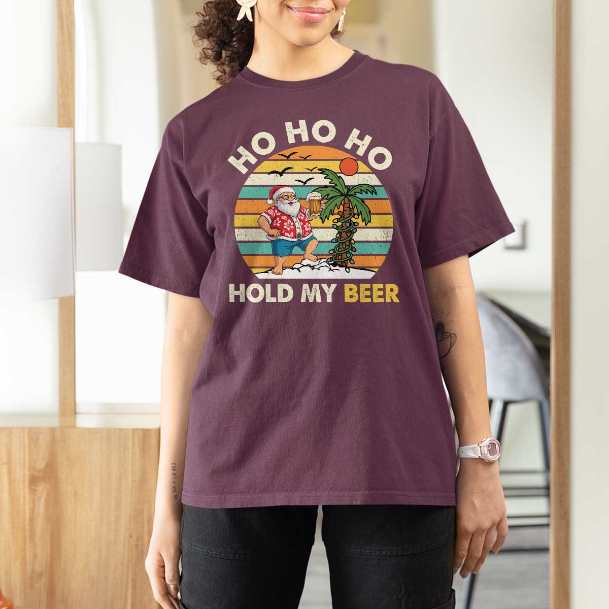 Christmas In July Santa Ho Ho Hold My Beer T Shirt For Women Summer Beach Hawaii Santa USA Flag - Wonder Print Shop