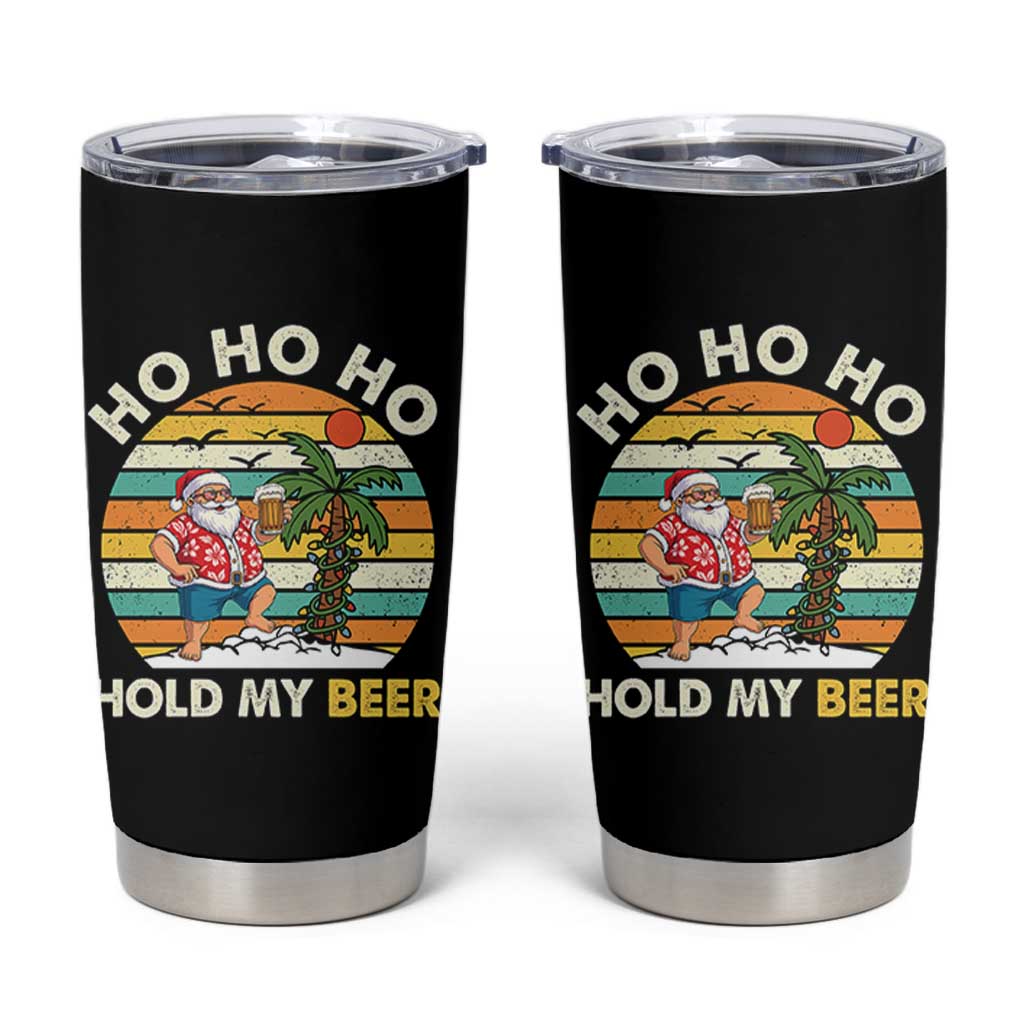 Christmas In July Santa Ho Ho Hold My Beer Tumbler Cup Summer Beach Hawaii Santa USA Flag - Wonder Print Shop