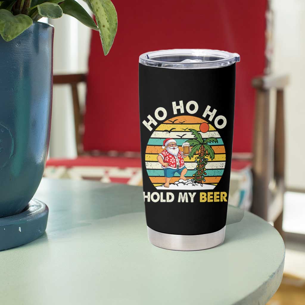 Christmas In July Santa Ho Ho Hold My Beer Tumbler Cup Summer Beach Hawaii Santa USA Flag - Wonder Print Shop