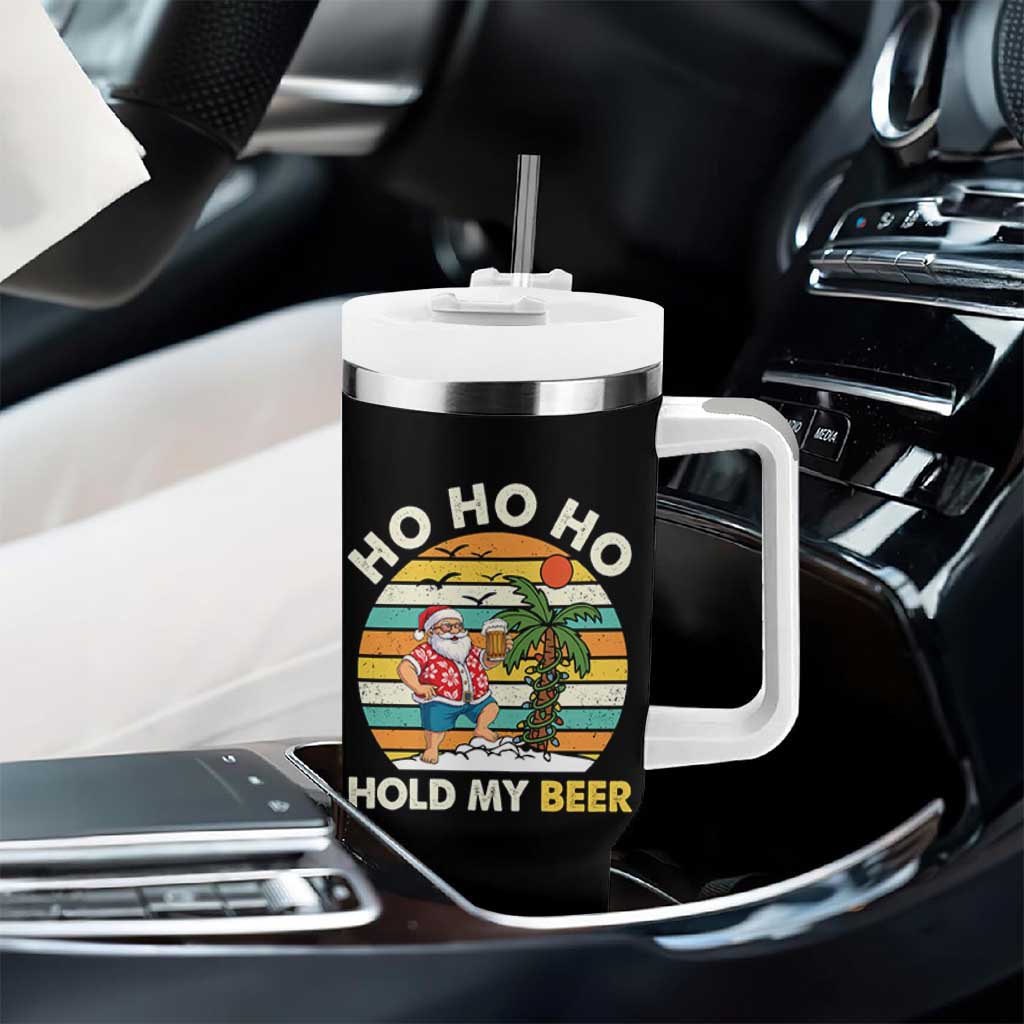Christmas In July Santa Ho Ho Hold My Beer Tumbler With Handle Summer Beach Hawaii Santa USA Flag - Wonder Print Shop