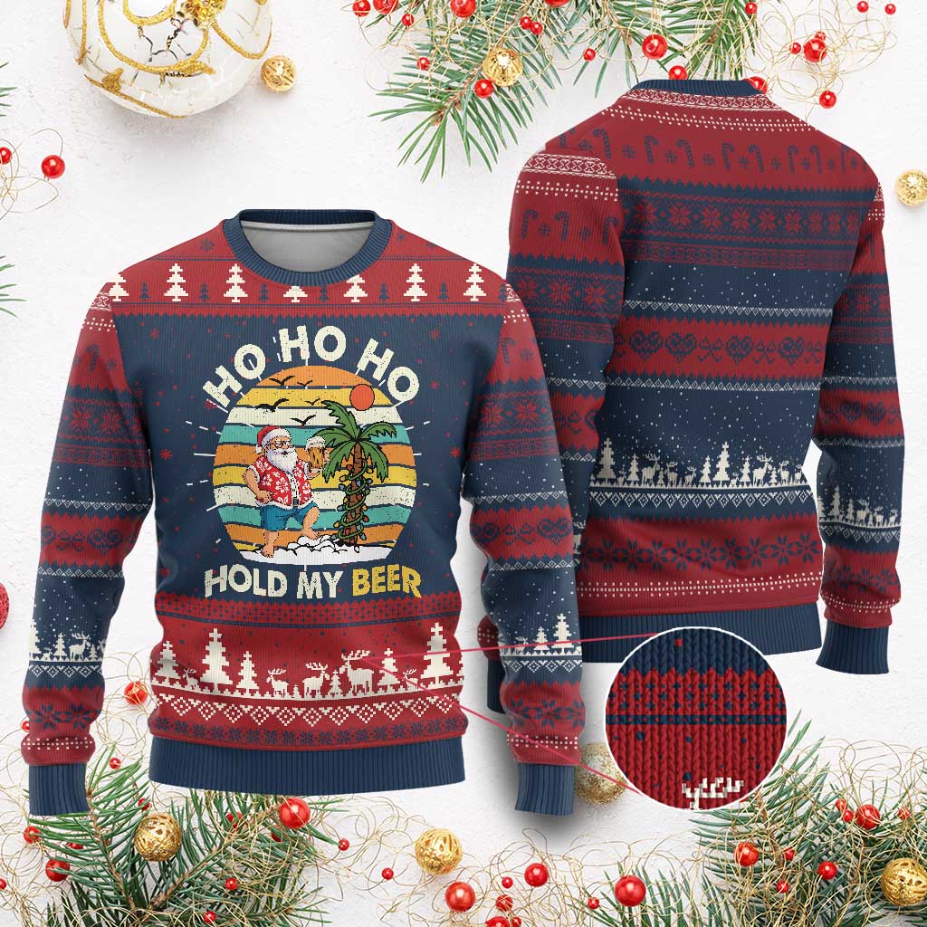 Christmas In July Santa Ho Ho Hold My Beer Knitted Sweatshirt Summer Beach Hawaii Santa USA Flag - Wonder Print Shop