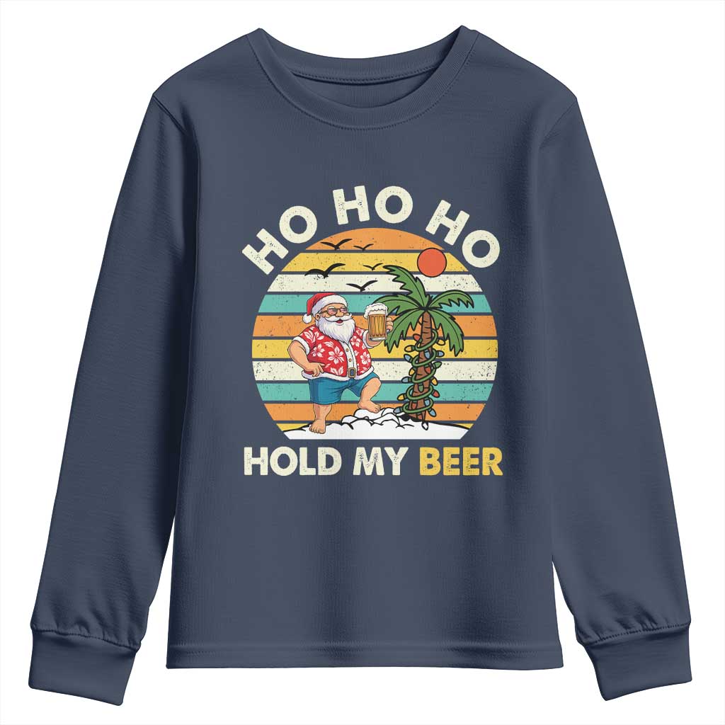 Christmas In July Santa Ho Ho Hold My Beer Youth Sweatshirt Summer Beach Hawaii Santa USA Flag - Wonder Print Shop