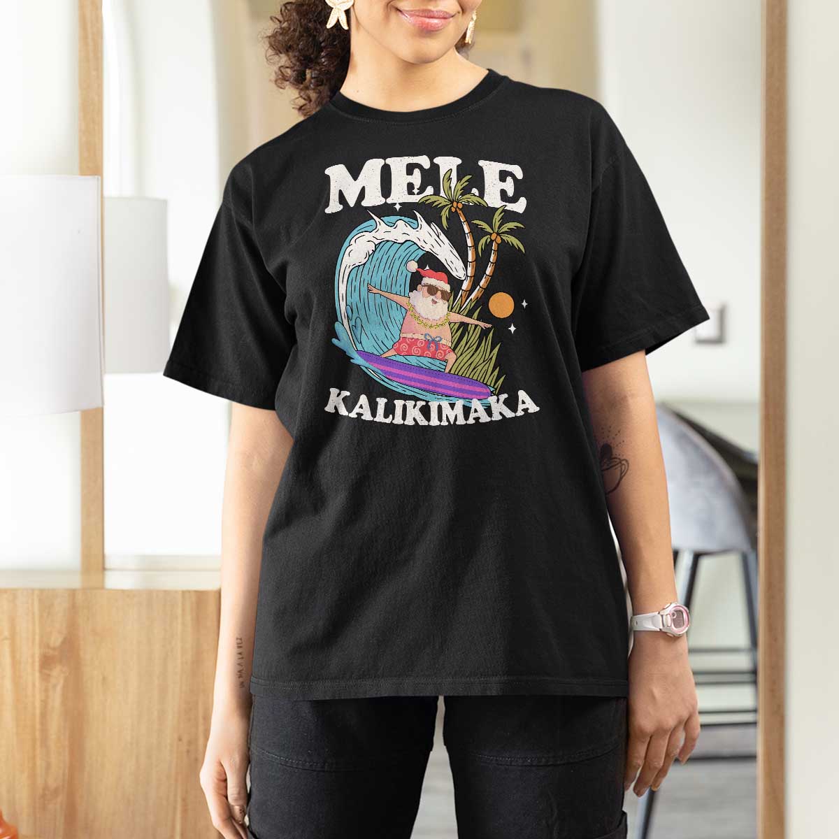 Mele Kalikimaka Hawaii Christmas Surfing Santa T Shirt For Women Summer Beach Hawaii Xmas In July - Wonder Print Shop