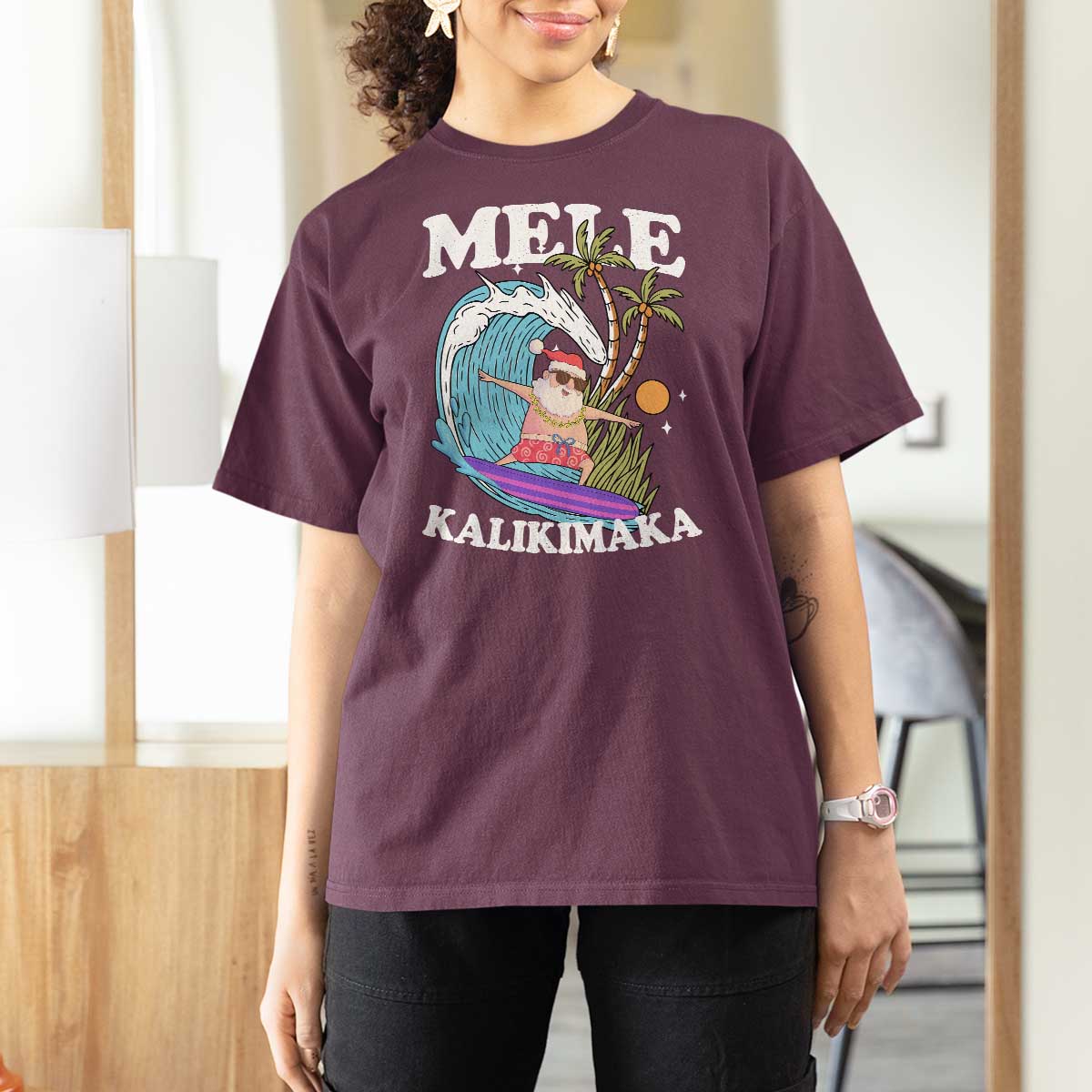 Mele Kalikimaka Hawaii Christmas Surfing Santa T Shirt For Women Summer Beach Hawaii Xmas In July - Wonder Print Shop