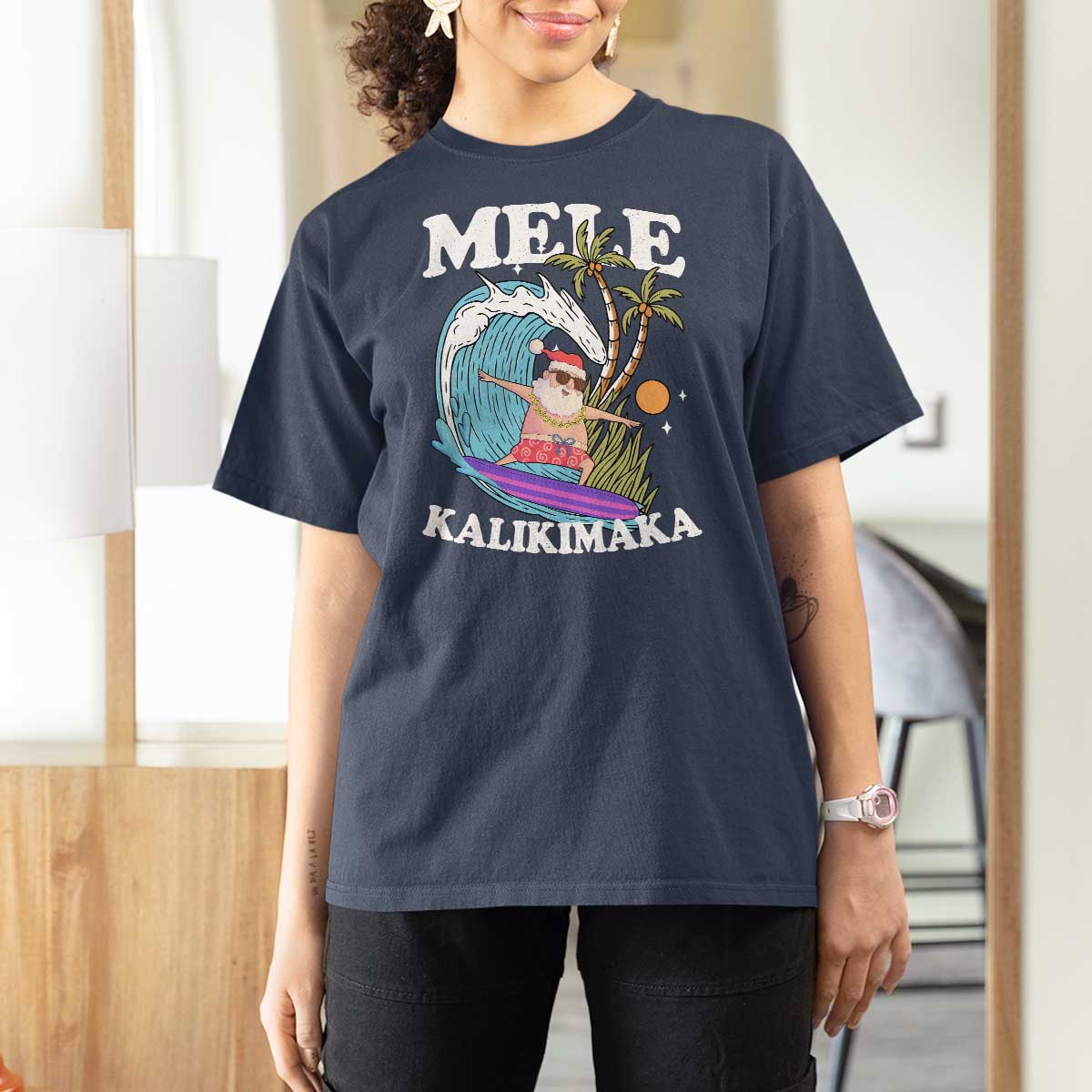 Mele Kalikimaka Hawaii Christmas Surfing Santa T Shirt For Women Summer Beach Hawaii Xmas In July - Wonder Print Shop
