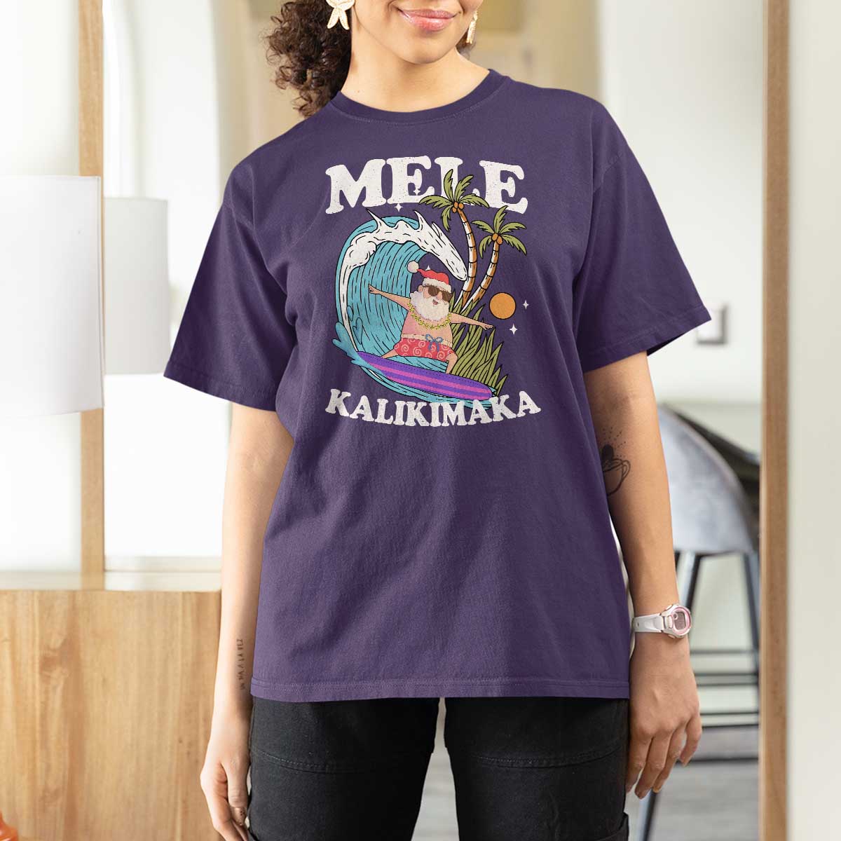 Mele Kalikimaka Hawaii Christmas Surfing Santa T Shirt For Women Summer Beach Hawaii Xmas In July - Wonder Print Shop
