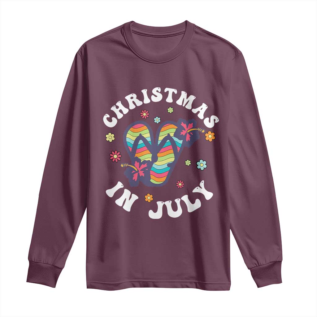 Christmas In July Summer Beach Long Sleeve Shirt Hawaii Flip Flops Hibiscus - Wonder Print Shop