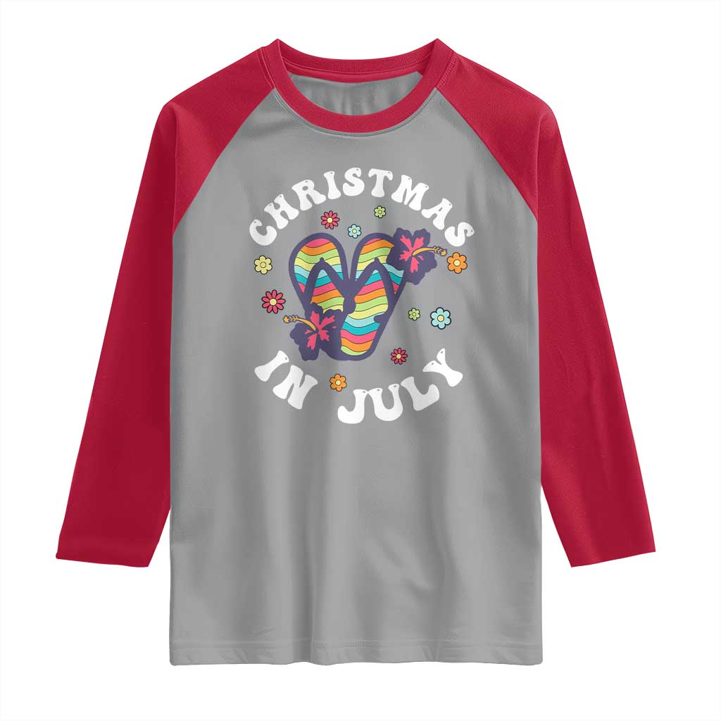 Christmas In July Summer Beach Raglan Shirt Hawaii Flip Flops Hibiscus - Wonder Print Shop