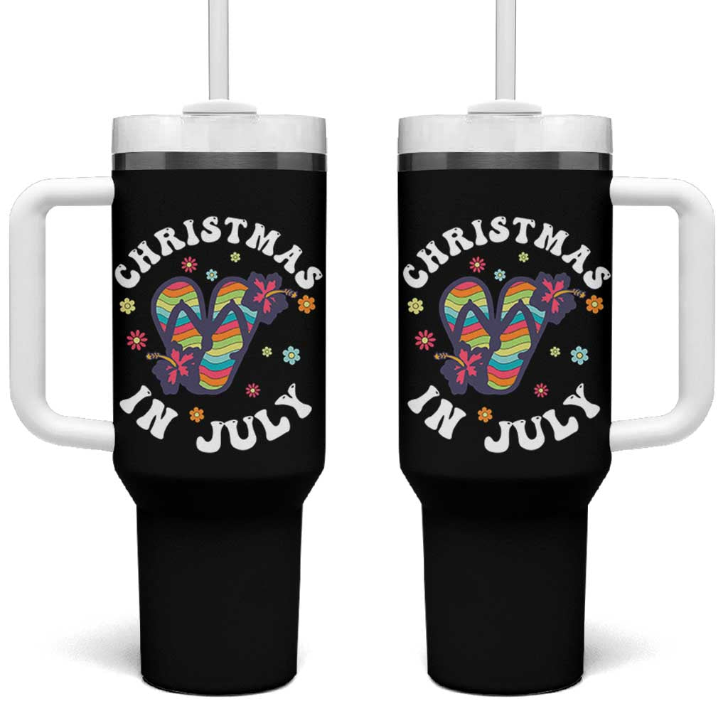 Christmas In July Summer Beach Tumbler With Handle Hawaii Flip Flops Hibiscus - Wonder Print Shop