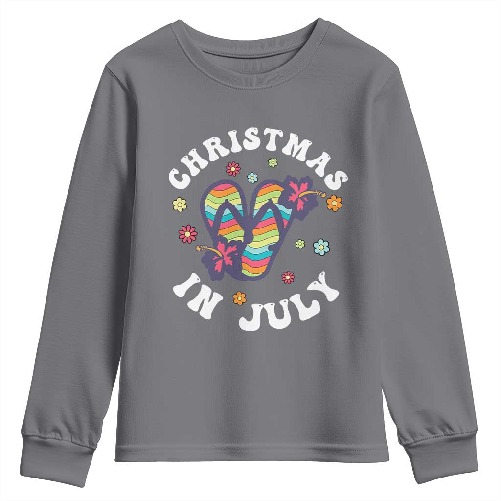 Christmas In July Summer Beach Youth Sweatshirt Hawaii Flip Flops Hibiscus - Wonder Print Shop