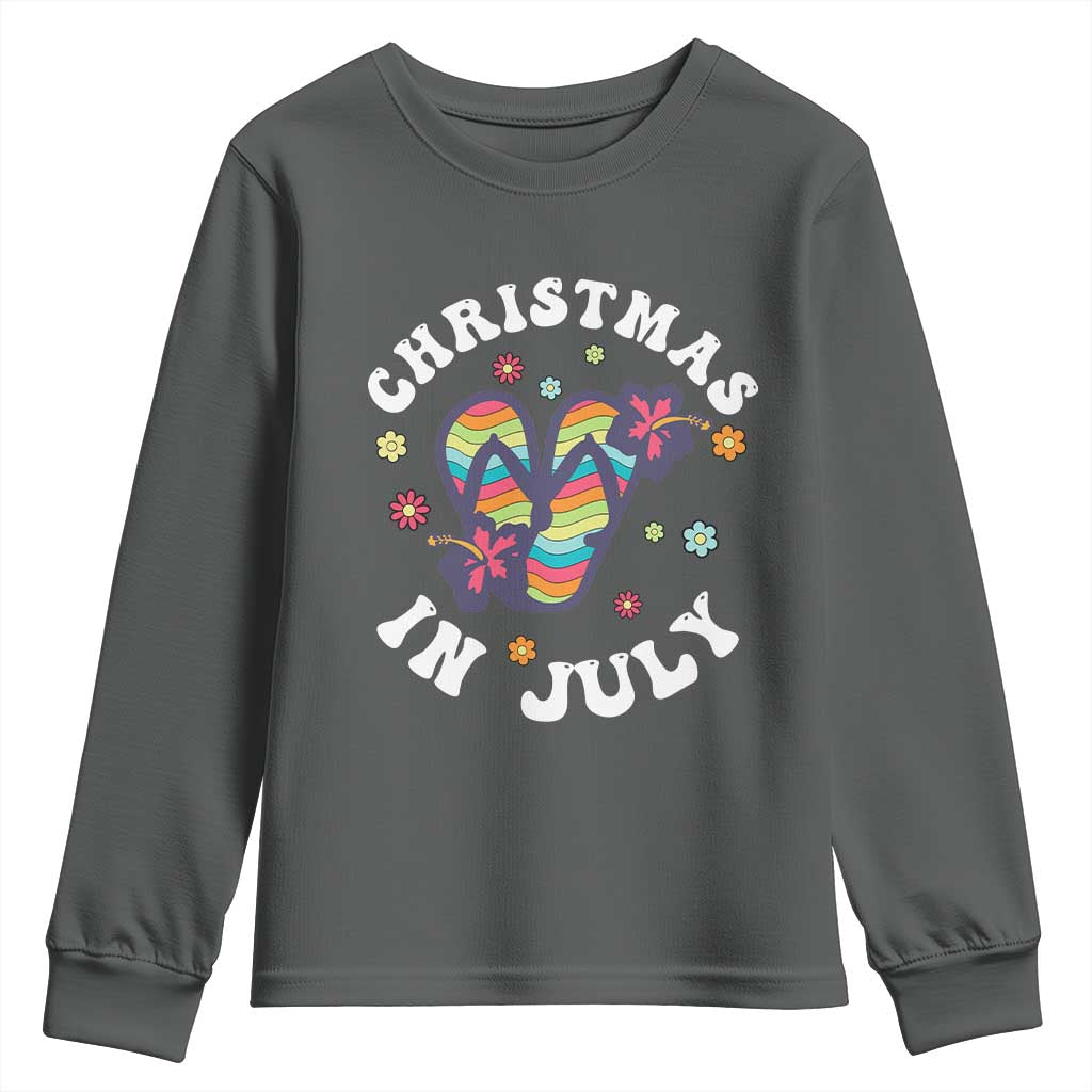 Christmas In July Summer Beach Youth Sweatshirt Hawaii Flip Flops Hibiscus - Wonder Print Shop