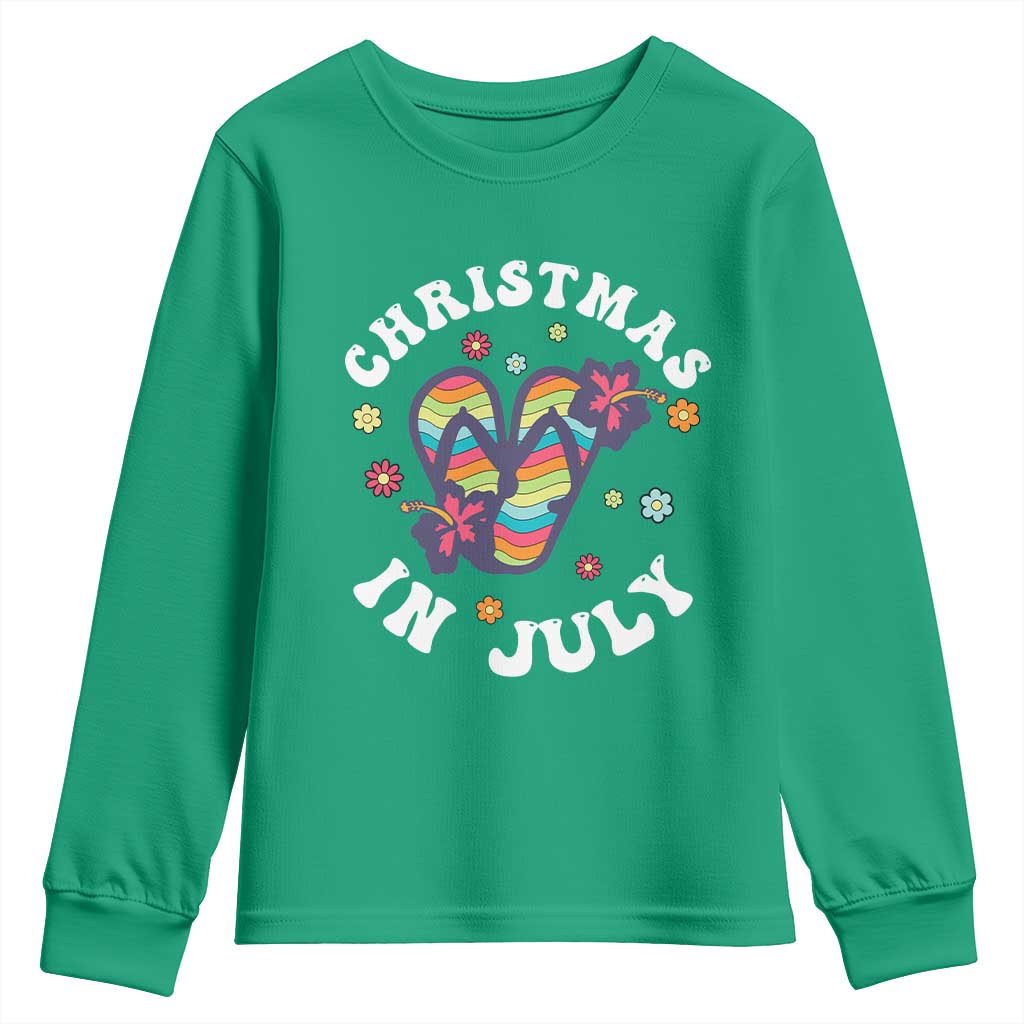 Christmas In July Summer Beach Youth Sweatshirt Hawaii Flip Flops Hibiscus - Wonder Print Shop