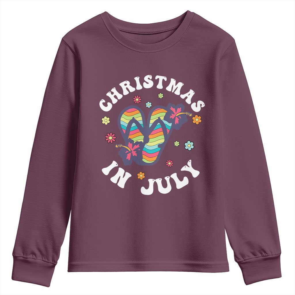 Christmas In July Summer Beach Youth Sweatshirt Hawaii Flip Flops Hibiscus - Wonder Print Shop