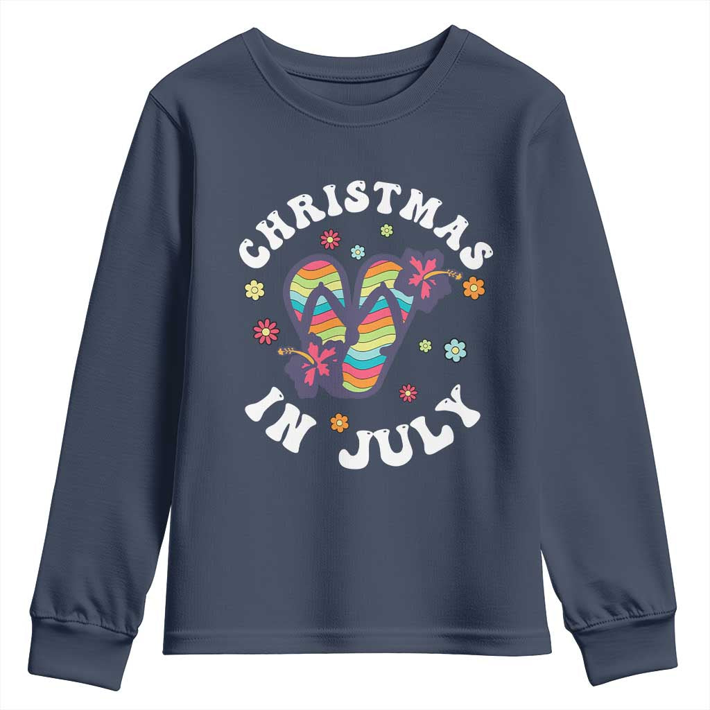 Christmas In July Summer Beach Youth Sweatshirt Hawaii Flip Flops Hibiscus - Wonder Print Shop