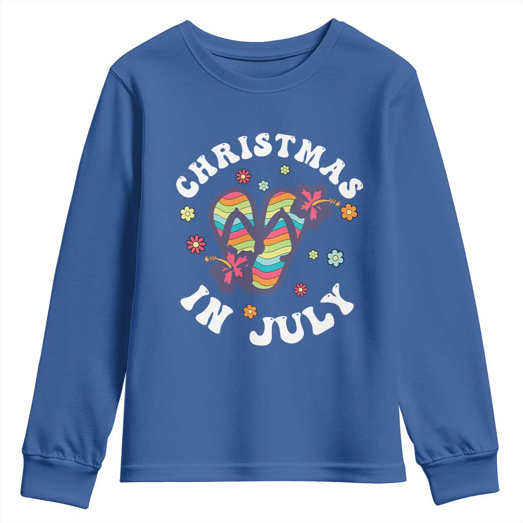 Christmas In July Summer Beach Youth Sweatshirt Hawaii Flip Flops Hibiscus - Wonder Print Shop