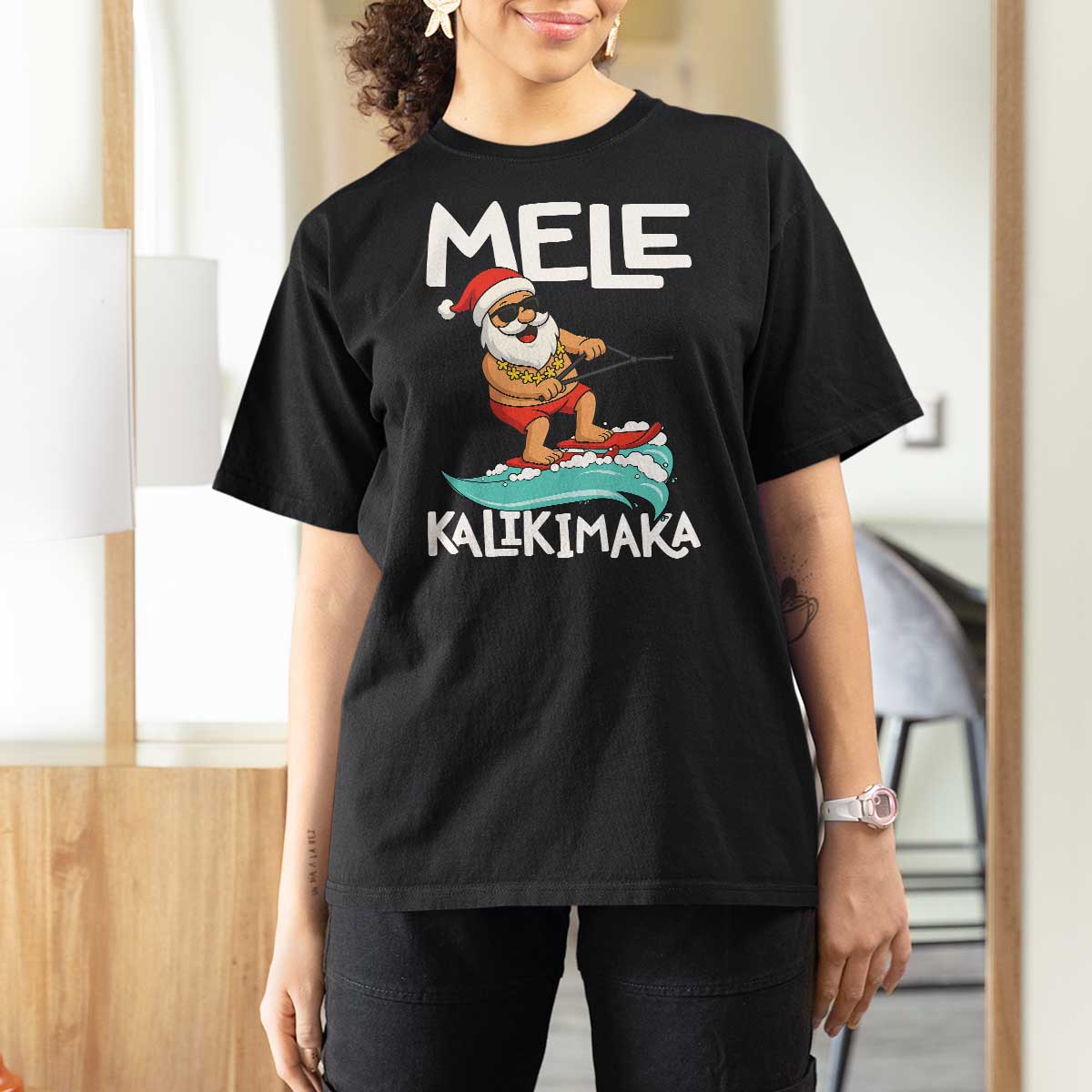 Mele Kalikimaka T Shirt For Women Santa Water Skiing Summer Beach Hawaiian Christmas In July - Wonder Print Shop