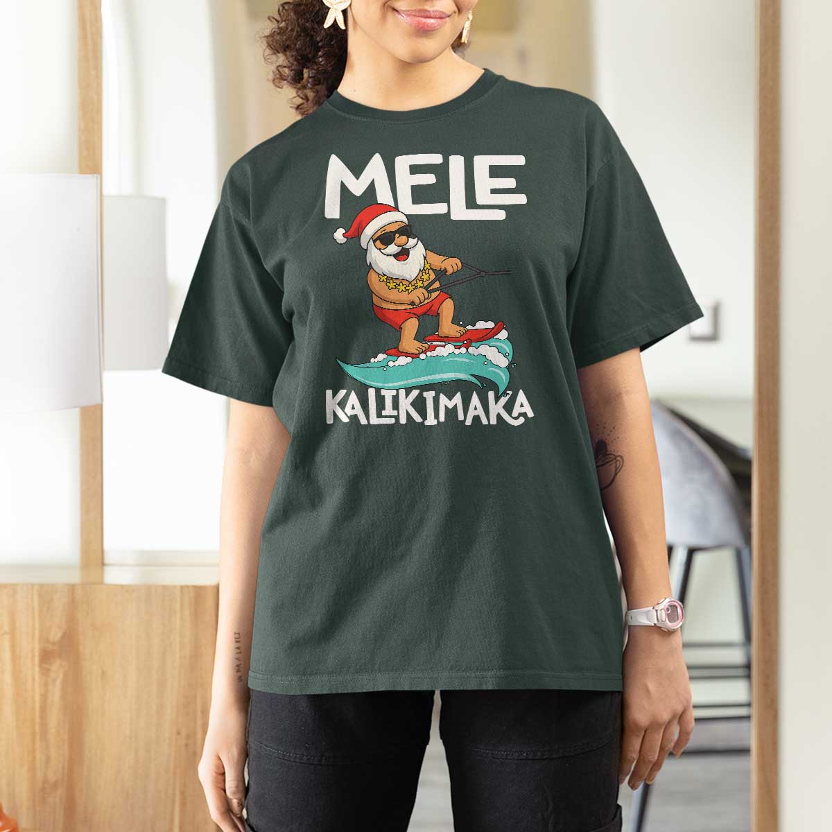 Mele Kalikimaka T Shirt For Women Santa Water Skiing Summer Beach Hawaiian Christmas In July - Wonder Print Shop
