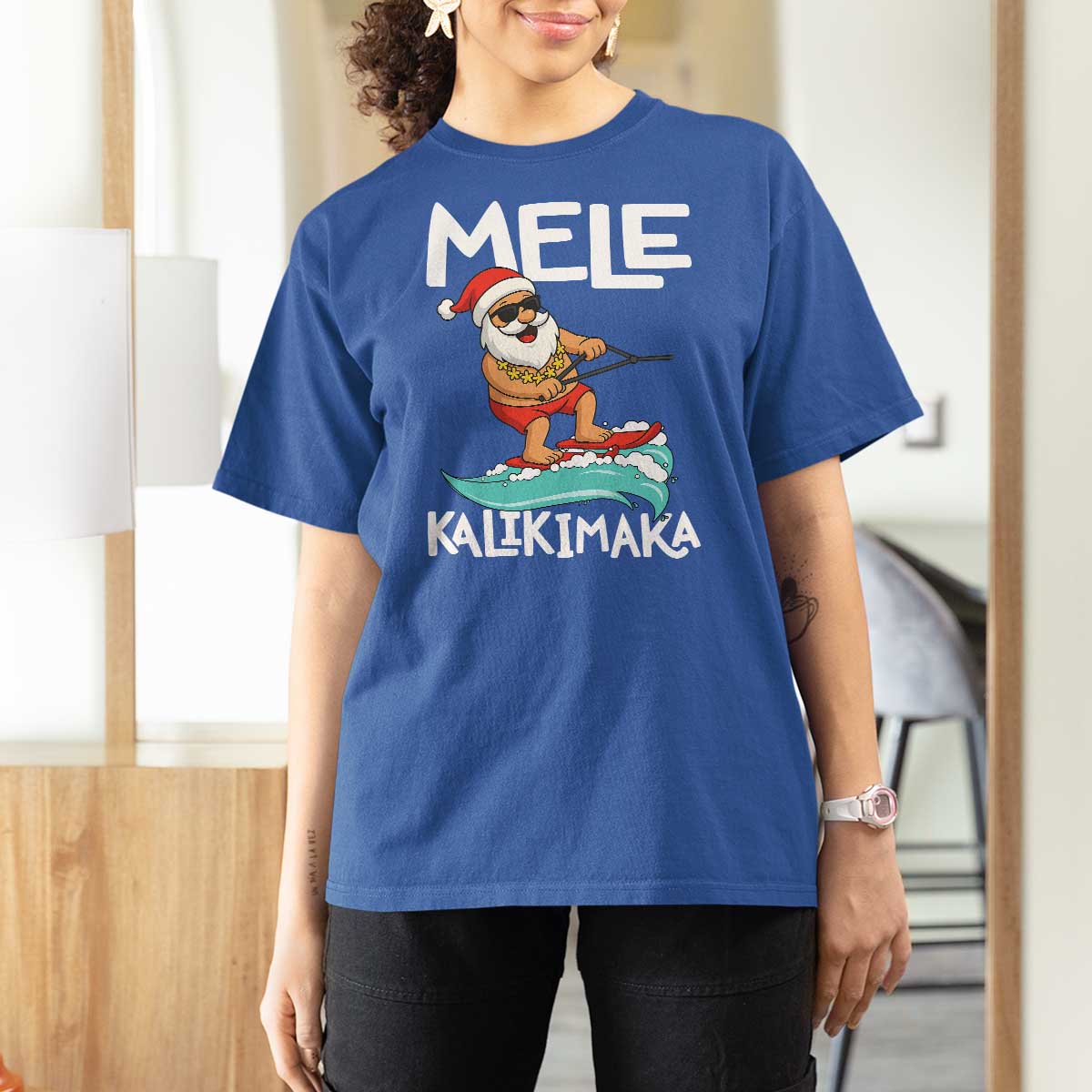 Mele Kalikimaka T Shirt For Women Santa Water Skiing Summer Beach Hawaiian Christmas In July - Wonder Print Shop