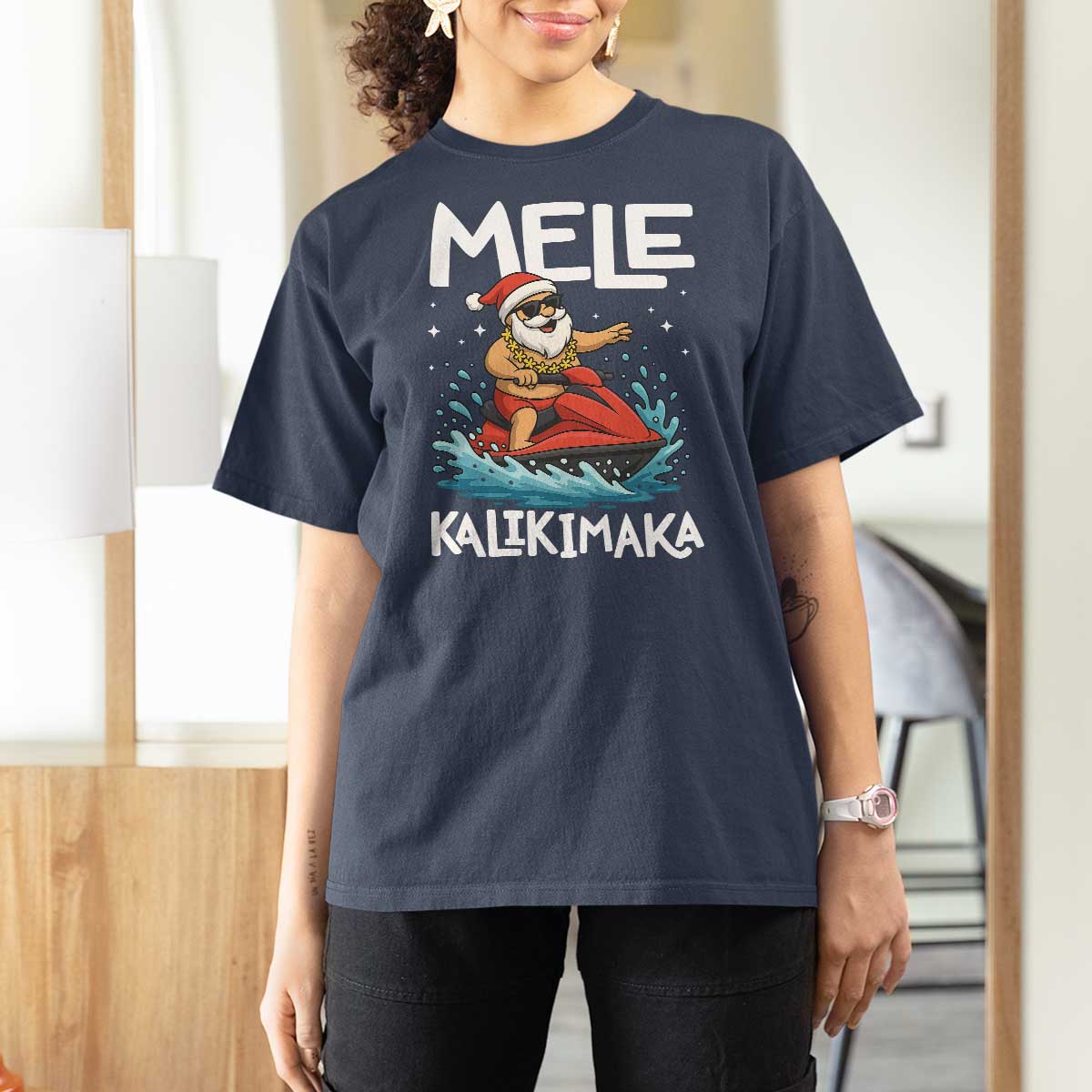 Mele Kalikimaka Hawaiian Christmas T Shirt For Women Funny Santa Jet Ski Summer Beach Xmas In July - Wonder Print Shop