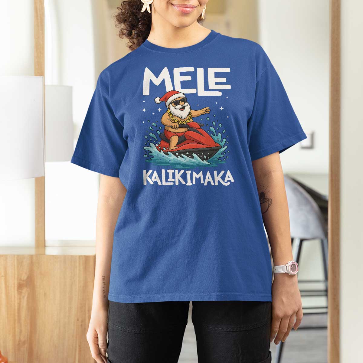 Mele Kalikimaka Hawaiian Christmas T Shirt For Women Funny Santa Jet Ski Summer Beach Xmas In July - Wonder Print Shop