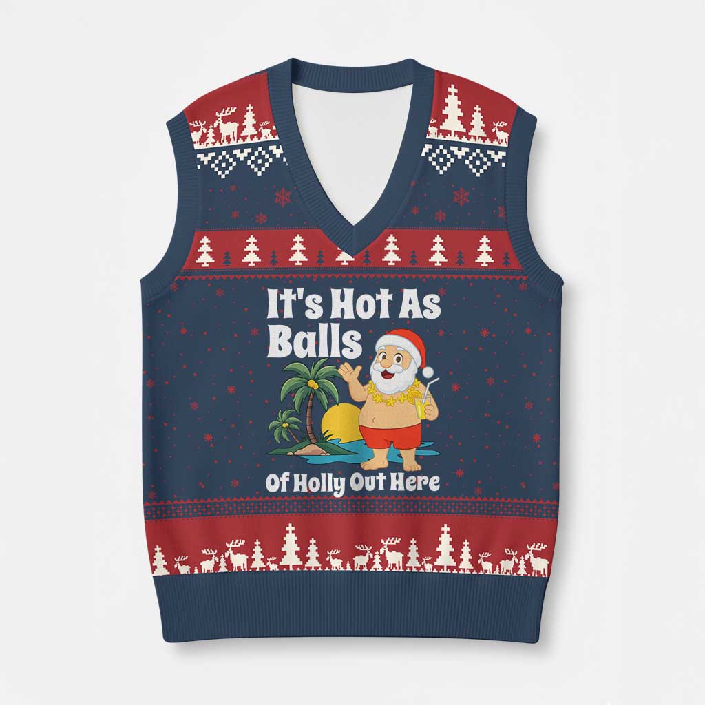 Funny Xmas In July V-Neck Knit Sweater Vest Hot As Balls Santa Summer Party - Wonder Print Shop