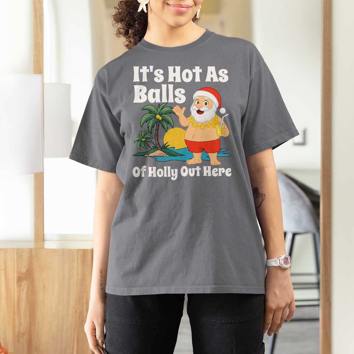 Funny Christmas In July T Shirt For Women Hot As Balls Santa Summer Party - Wonder Print Shop