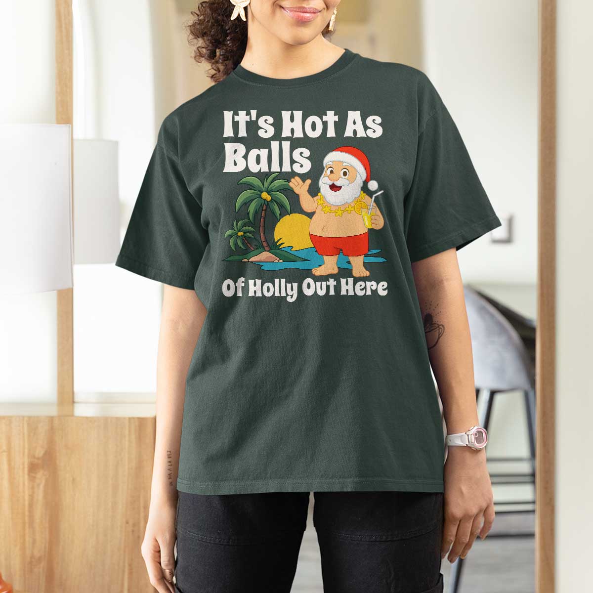 Funny Christmas In July T Shirt For Women Hot As Balls Santa Summer Party - Wonder Print Shop