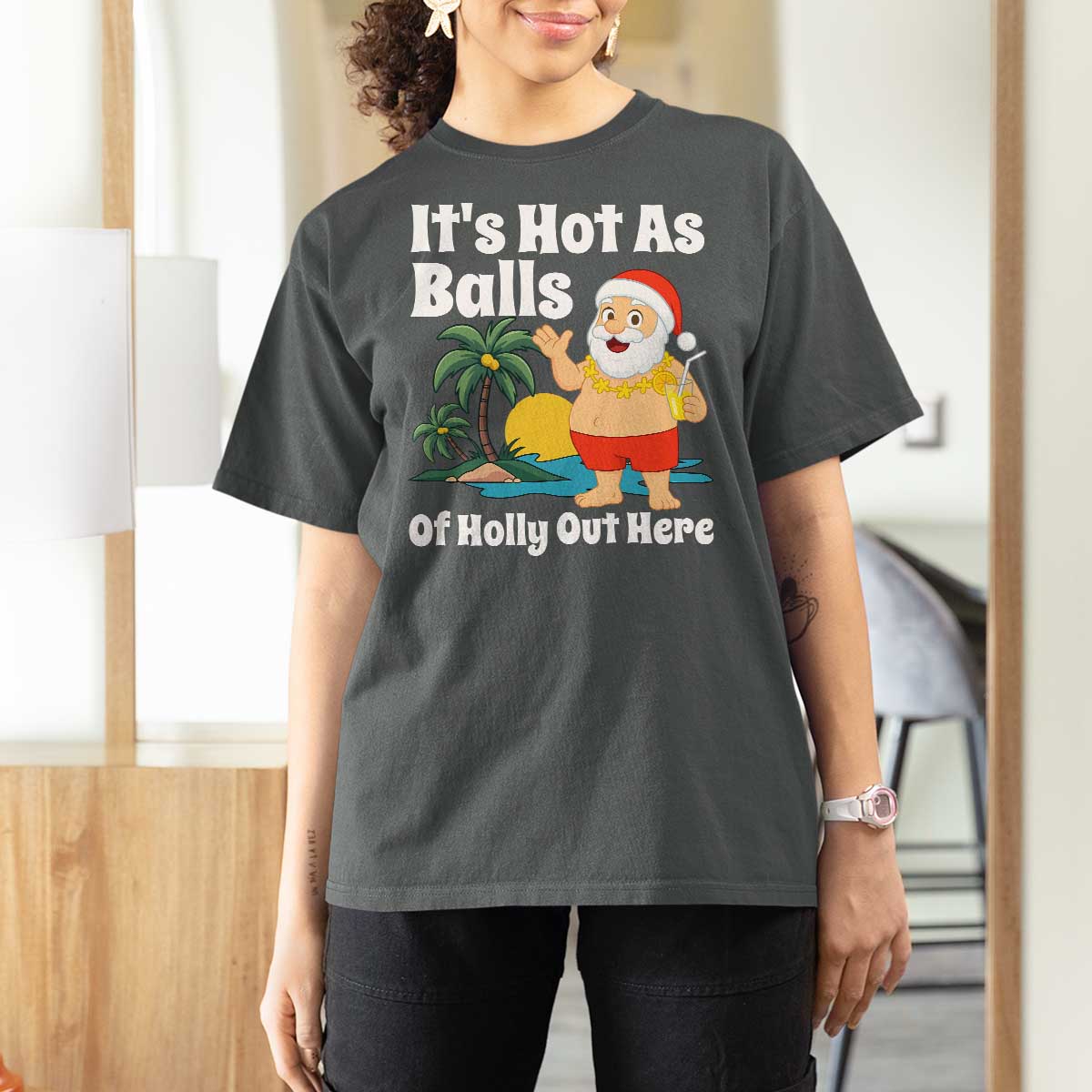 Funny Christmas In July T Shirt For Women Hot As Balls Santa Summer Party - Wonder Print Shop