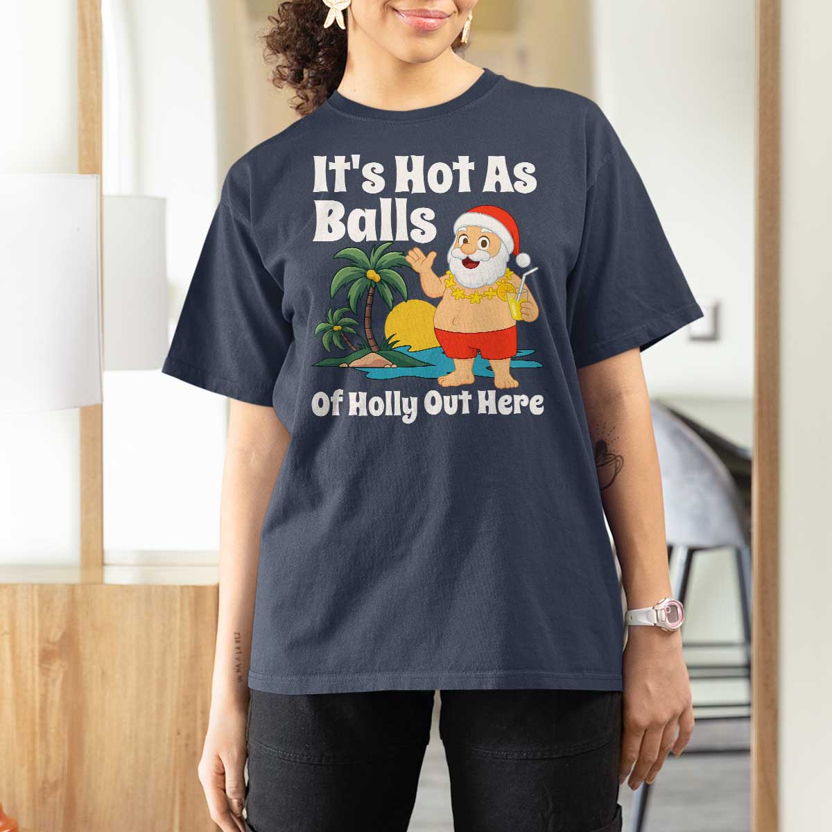 Funny Christmas In July T Shirt For Women Hot As Balls Santa Summer Party - Wonder Print Shop