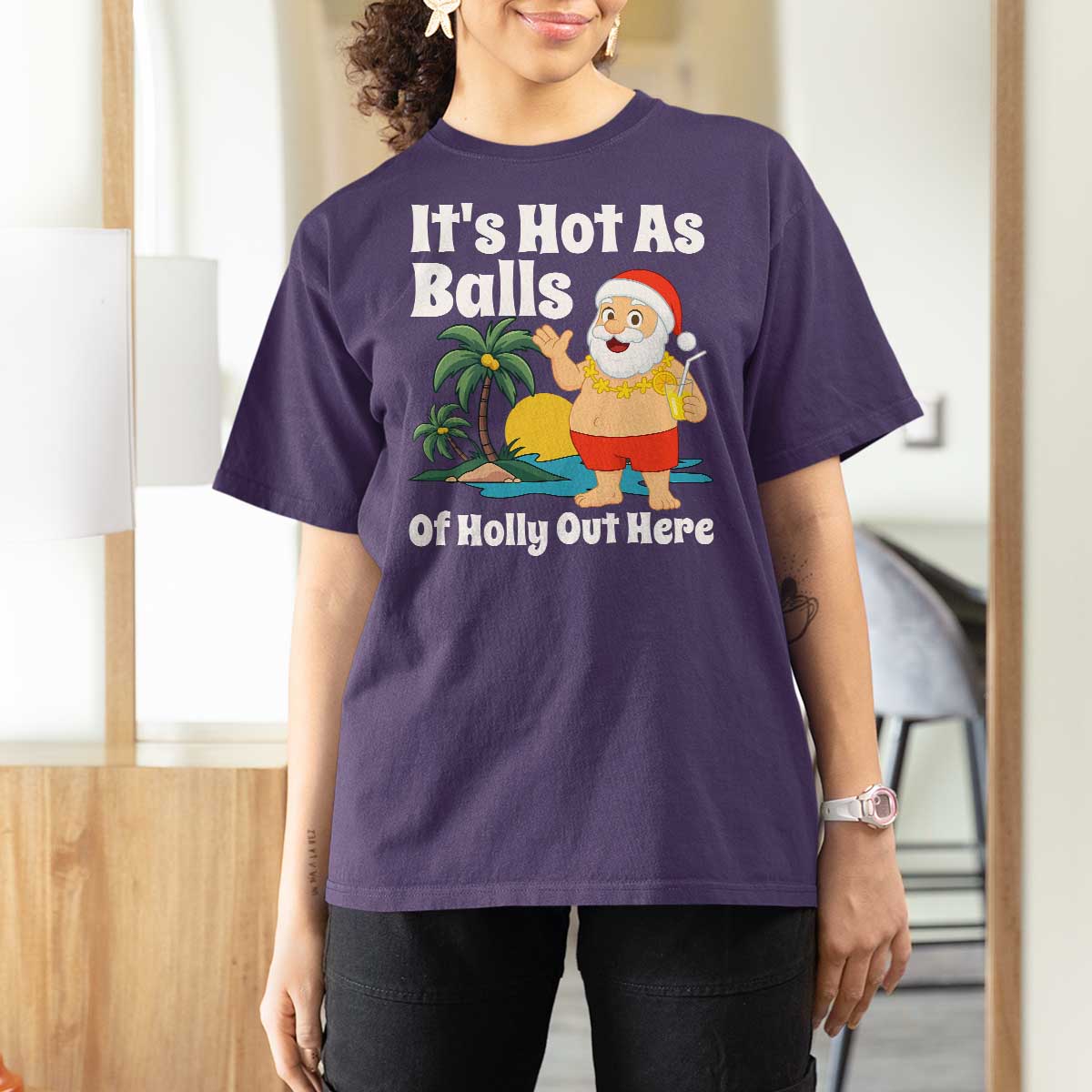 Funny Christmas In July T Shirt For Women Hot As Balls Santa Summer Party - Wonder Print Shop