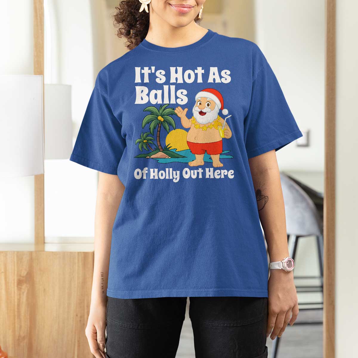 Funny Christmas In July T Shirt For Women Hot As Balls Santa Summer Party - Wonder Print Shop