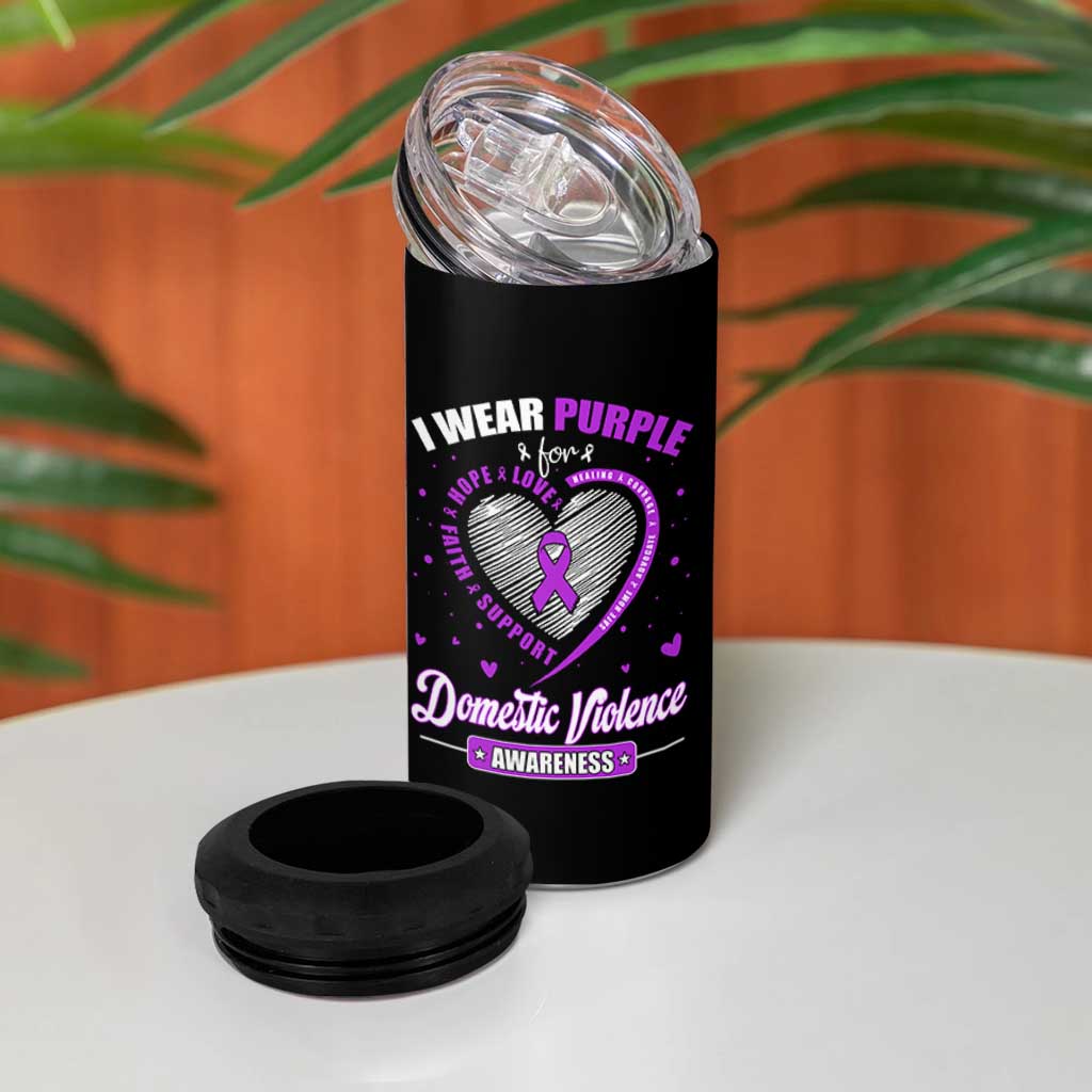 Domestic Violence Awareness 4 in 1 Can Cooler Tumbler Purple Ribbon Support Survivor - Wonder Print Shop