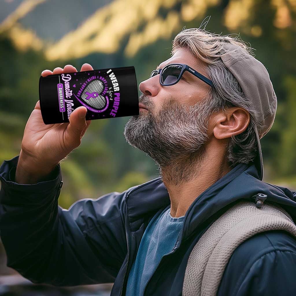 Domestic Violence Awareness 4 in 1 Can Cooler Tumbler Purple Ribbon Support Survivor - Wonder Print Shop