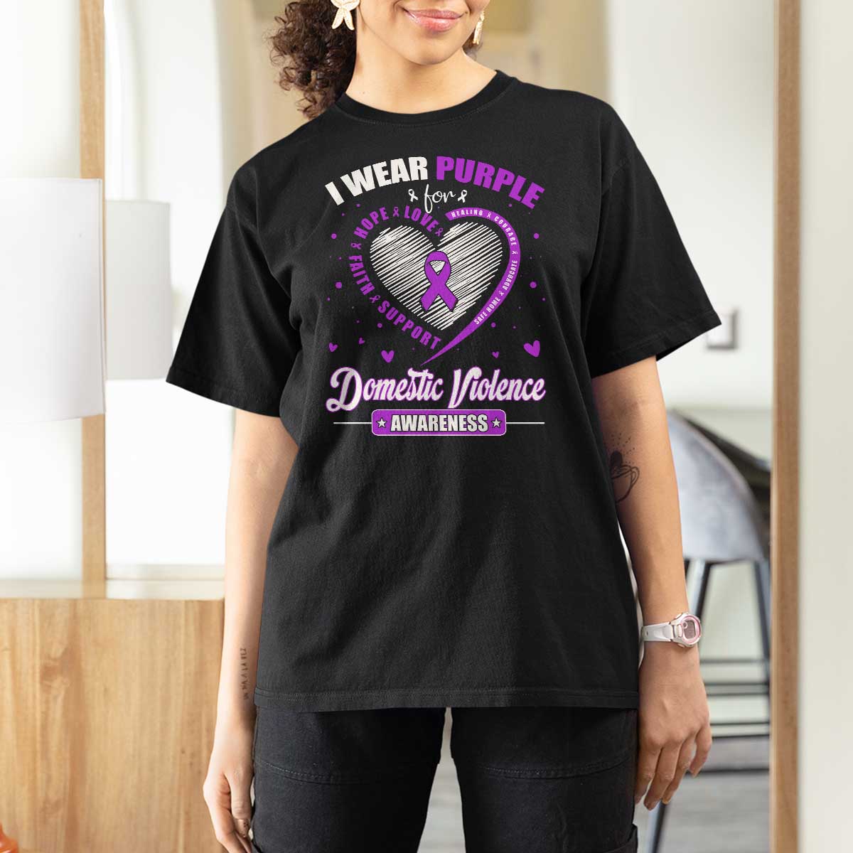 Domestic Violence Awareness T Shirt For Women Purple Ribbon Support Survivor - Wonder Print Shop