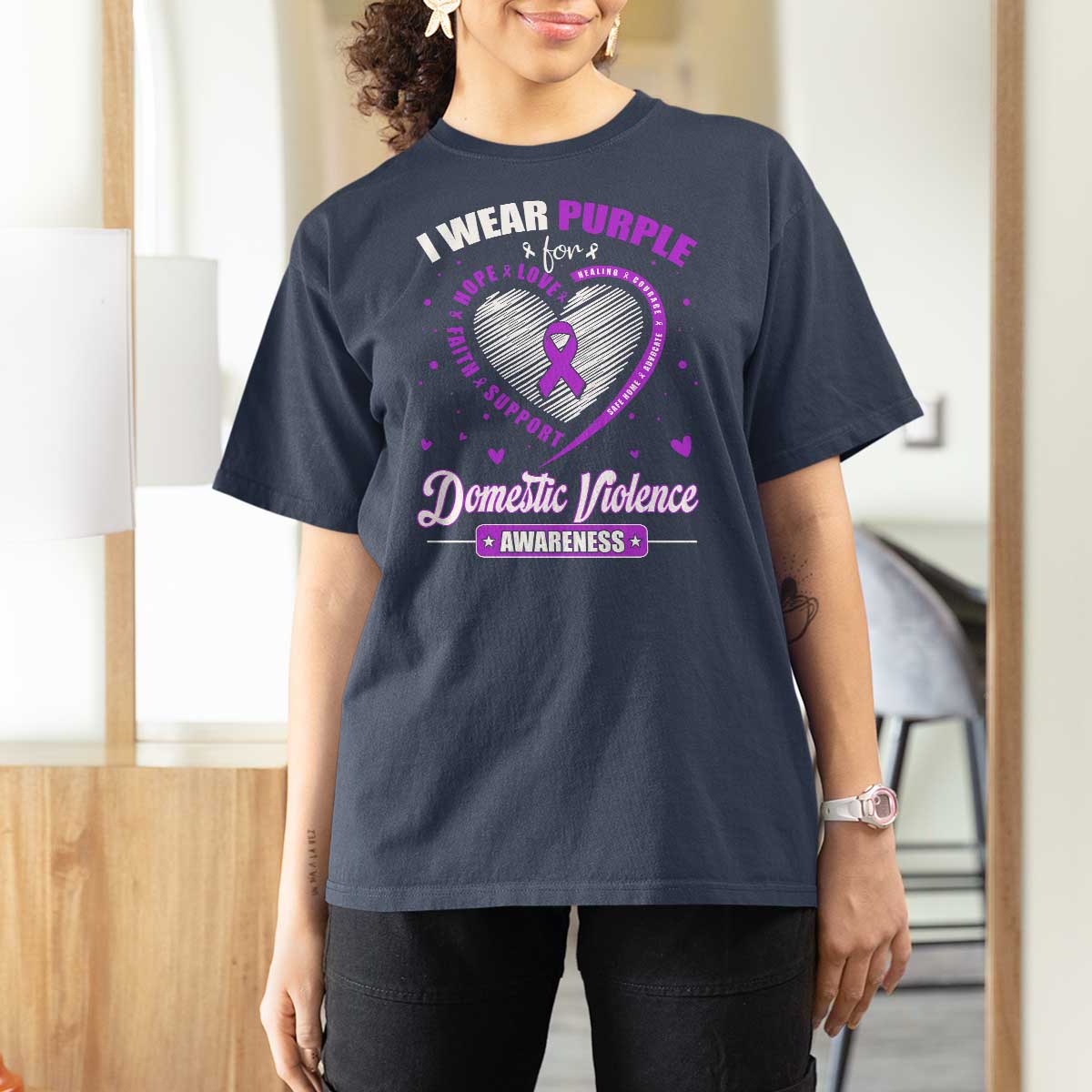 Domestic Violence Awareness T Shirt For Women Purple Ribbon Support Survivor - Wonder Print Shop