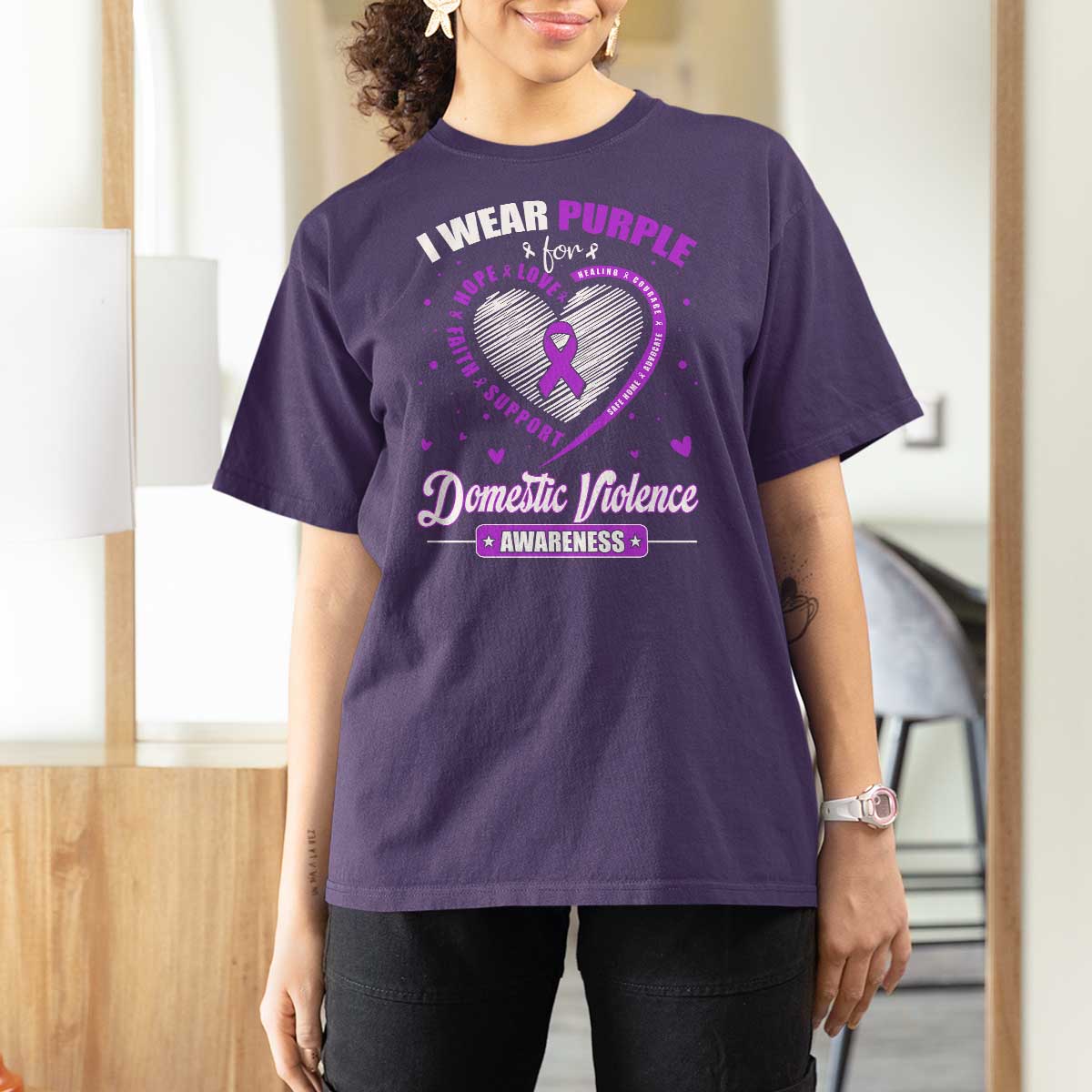 Domestic Violence Awareness T Shirt For Women Purple Ribbon Support Survivor - Wonder Print Shop