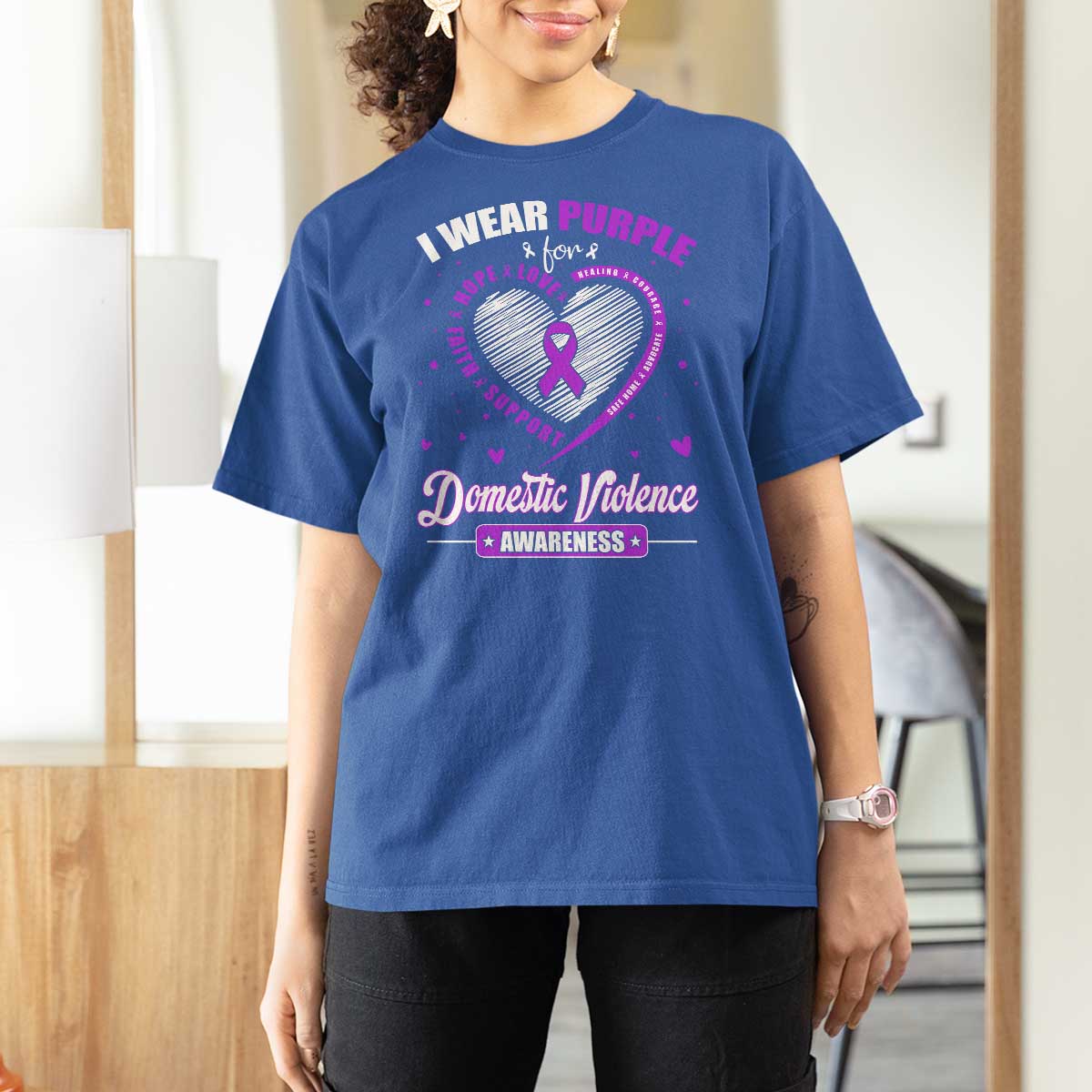 Domestic Violence Awareness T Shirt For Women Purple Ribbon Support Survivor - Wonder Print Shop