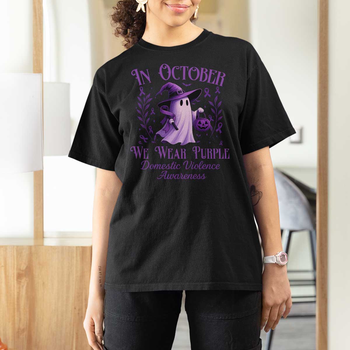 Domestic Violence Awareness T Shirt For Women Halloween October Wear Purple Ghost - Wonder Print Shop