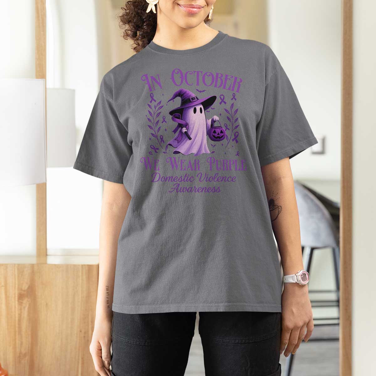 Domestic Violence Awareness T Shirt For Women Halloween October Wear Purple Ghost - Wonder Print Shop