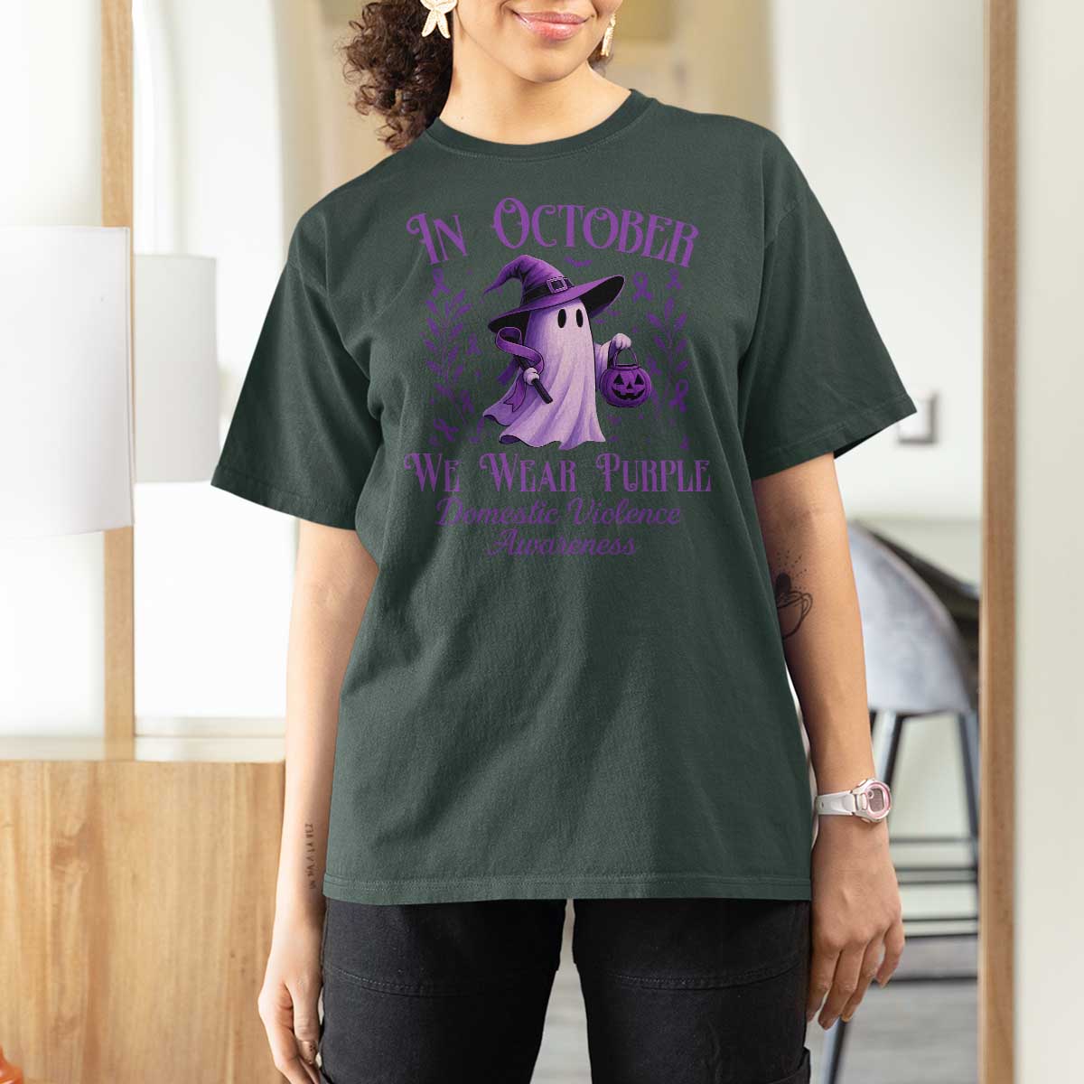 Domestic Violence Awareness T Shirt For Women Halloween October Wear Purple Ghost - Wonder Print Shop