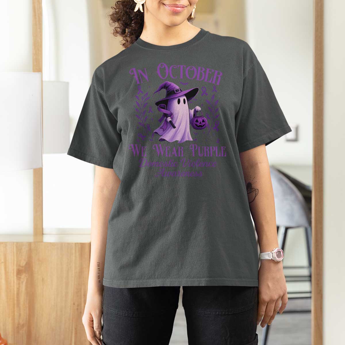 Domestic Violence Awareness T Shirt For Women Halloween October Wear Purple Ghost - Wonder Print Shop