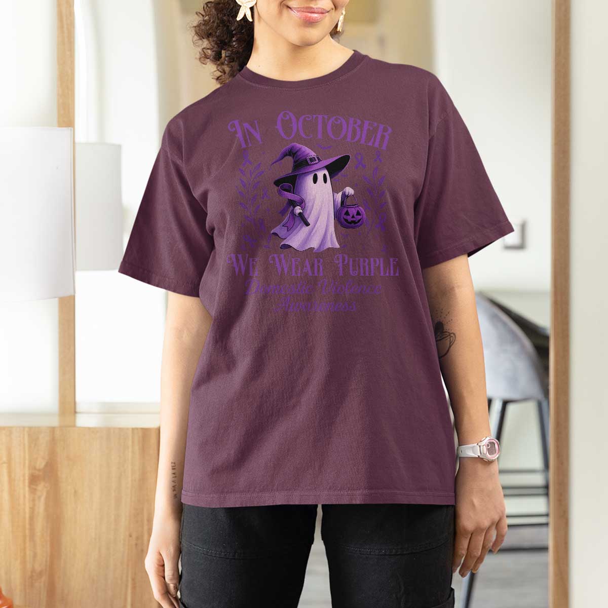 Domestic Violence Awareness T Shirt For Women Halloween October Wear Purple Ghost - Wonder Print Shop